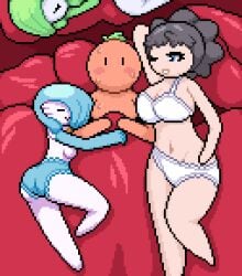 after_sex big_breasts big_thighs blue_panties blush bra diantha_(pokemon) foursome gardevoir okami_tomato panties pixel_art pokemon pokemon_(species) pokephilia red_bed_sheet resting shiny_pokemon sleeping tomato_(okami_tomato) topless white_bra white_panties