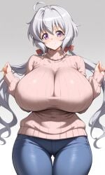 1girls ahoge ai_generated breasts enormous_breasts huge_breasts jeans long_hair looking_at_viewer low_twintails milf purple_eyes shiny shiny_hair smile solo stay_at_home_mom sweater symphogear thick_thighs twintails yukine_chris