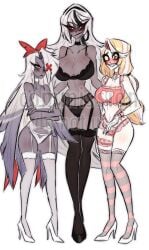 2demons 3girls angel annoyed big_breasts black_lingerie carmilla_carmine charlie_morningstar_(hazbin_hotel) eloehhl hazbin_hotel lingerie nervous_smile pink_lingerie smiling vaggie_(hazbin_hotel) white_lingerie yellow_hair