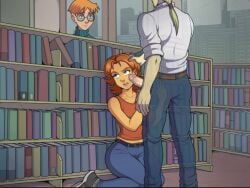 1girls 3boys book books bookshelf brown_hair casual clothed clothed_sex cuckold disney female glasses hand_on_head human irma_lair kneeling kneeling_female lazy_tarts library looking_back lord_cedric male martin_(w.i.t.c.h.) penis short_hair somka108 standing stealth_fellatio stealth_sex w.i.t.c.h. witch_hunter