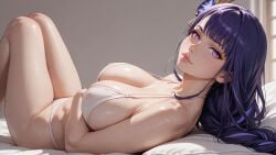 ai_generated beauty_mark bed bedroom bra breasts female genshin_impact hair_ornament light-skinned_female lingerie looking_at_viewer nipples_visible_through_clothing purple_eyes purple_hair raiden_shogun solo thong unoccupied