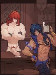 2boys abs beer_mug bidbrock big_penis blue_hair blush blush cum cum_trail diluc_(genshin_impact) drinking_cum gay genshin_impact kaeya_(genshin_impact) long_hair muscular muscular_male red_hair tavern thick_penis yaoi