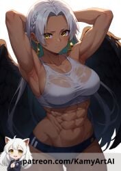 abs ai_generated armpit_fetish armpits black_wings breasts brown_body brown_skin buruma female female_only kamyartai muscular_female one_piece patreon patreon_username s-snake_(one_piece) seraphim_(one_piece) sweat sweaty_body white_hair wings yellow_eyes