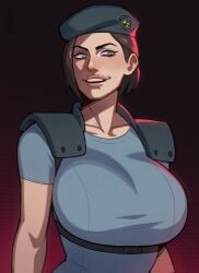 big_breasts blue_eyes brown_hair jill_valentine jill_valentine_(julia_voth) resident_evil short_hair simple_background smile uniform zpark