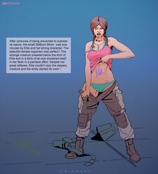 angry belly body_modification breasts brown_hair clothed clothing corruption creature dead_space ellie_langford english_text female infestation long_hair monster open_mouth orionart panties small_breasts spread_legs story surprised text