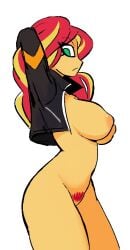 1girls arm_behind_head arm_up behitbo blonde_hair equestria_girls female friendship_is_magic green_eyes jacket long_hair looking_at_viewer my_little_pony nude nude_female open_clothes open_jacket partially_clothed pubic_hair red_hair solo solo_female sunset_shimmer two_tone_hair yellow_body