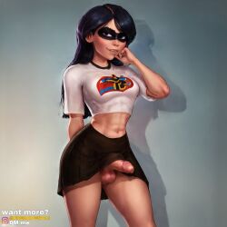 ai_generated balls freakfestai futa_only futanari half-erect looking_at_viewer partially_clothed penis skirt skirt_lift solo solo_focus solo_futa the_incredibles thick_thighs violet_parr