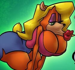 :>= anthro big_ass big_breasts big_lips bimbo blonde_hair crash_bandicoot_(series) curvy furry gigantic_breasts huge_breasts kissing kissy_face lips lipstick meme no_humans oney_plays tawna_bandicoot