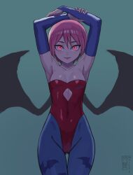 1girls armpits arms_up artist_request ass_visible_through_thighs darkstalkers front_view lilith_aensland looking_at_viewer short_hair simple_background small_breasts smiling thigh_gap wings