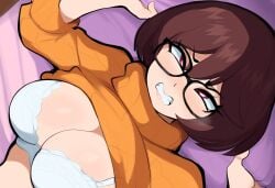 1girls 2024 2d 2d_(artwork) ai_generated bra brown_hair close-up female glasses implied_sex large_breasts mullon novelai scooby-doo sex sheet_grab sweat sweater sweater_lift velma_dinkley