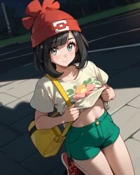 ai_generated kneeling looking_at_viewer navel pokemon selene_(pokemon) shirt_lift shorts