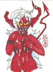 broken_horn cum cum_everywhere cum_in_mouth cum_on_breasts cum_on_face demon demon_girl demon_horns hellfucker666 naughty_face original_character pointy_ears red_skin sharp_teeth tail tongue