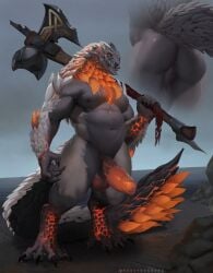 axe balls bazelgeuse capcom dadbod erection flying_wyvern genitals hi_res humanoid_genitalia humanoid_penis looking_at_viewer male male_focus male_only monster_hunter musclegut muscular penis reddyrennard