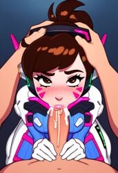 1boy 1girls ai_generated alternate_hairstyle asian blowjob bodysuit brown_eyes brown_hair cum_in_mouth cutebuttsexy d.va d.va_(overwatch_2) deepthroat facial_mark facial_markings fellatio femsub forced_oral hand_on_another's_head head_grab headphones irrumatio large_penis lips lipstick male maledom medium_breasts oral oral_sex overwatch overwatch_2 penis pilot_suit pink_lips pink_lipstick ponytail ribbed_bodysuit skin_tight whisker_markings