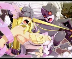 2girls angel_and_devil angewomon armor bare_shoulders belt blonde_hair breastplate breasts catfight chains claws cleavage covered_eyes demon_girl digimon digimon_(creature) digimon_adventure feathered_wings feathers gloves grabbing_another&#039;s_hair helmet ladydevimon large_breasts long_hair mask materclaws multiple_girls open_mouth pale_skin rage_face red_eyes silver_hair single_glove torn_clothes winged_helmet wings