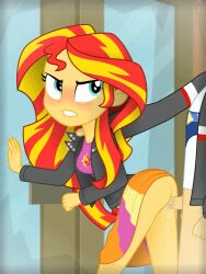 1boy 1girls accurate_art_style animated ass blue_eyes blush bottomless_skirt clothed_female clothed_sex clothing equestria_girls female femsub flash_sentry friendship_is_magic from_behind genital_fluids gif hasbro leather_jacket looking_back male maledom my_little_pony no_panties partial_male penis public_sex purple_shirt pussy randomtriples red_hair secretly_loves_it sex skirt skirt_lift standing_sex straight sunset_shimmer vaginal_penetration