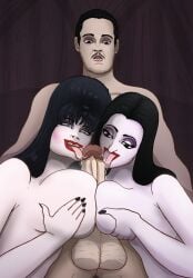 artist_request big_breasts big_penis boobjob crossover elvira elvira:_mistress_of_the_dark gomez_addams large_breasts large_penis morticia_addams paizuri the_addams_family threesome titjob