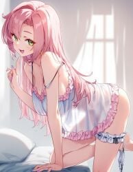 ai_generated bedroom curtains daytime green_eyes nicole_demara nightgown pillow pink_hair raaicave shoulders white_nightgown zenless_zone_zero