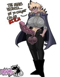 big_balls big_breasts big_penis black_eyes black_penis blonde_hair bukimimata bulging_breasts caption clothed futa_only futanari looking_at_viewer penis_out sharp_teeth short_hair smegma solo solo_futa talking_to_viewer text top