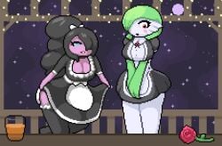 big_breasts big_thighs choker cleavage gardevoir gothitelle iris_(okami_tomato) maid maid_uniform night okami_tomato pixel_art pokemon pokemon_(species) rose stockings