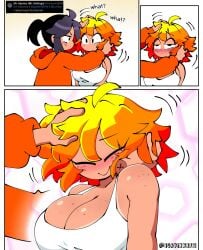 1boy 1boy1girl big_ass big_breasts blonde_hair dialogue female female_focus freckles headpat humanoid mango_quaver_(female) orange_hair quavernsfw tan_body tan_skin tan_skinned_female thick_thighs wholesome