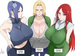 3girls airi_akura apron big_breasts black_eyes blonde_hair blue_hair blush breast_focus breasts brown_eyes cleavage clothing eyeshadow fellatio_gesture female female_only flower flower_in_hair forehead_jewel gesture green_apron hair_ornament high_resolution huge_breasts konan large_breasts lips lipstick long_hair looking_at_viewer mature mature_female milf naruto naruto_(series) naruto_shippuden plain_background purple_eyeshadow red_hair red_lips red_lipstick simple_background smile take_your_pick tsunade upper_body uzumaki_kushina voluptuous watermark white_background