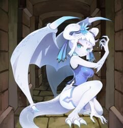 blue_body breasts clawed_feet clawed_fingers claws dungeon dungeon_and_girls flowers fully_clothed gargoyle horns scales scalie short_hair squatting tail thighs wings