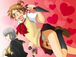 2boys blush brown_eyes brown_hair crossdressing grey_hair hanamura_yousuke multiple_boys narukami_yuu no_panties otoko_no_ko penis school_uniform short_hair skirt testicles weapon