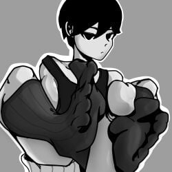 2boys adult androgynous big_penis blac black_and_white black_eyes black_hair calves clothed colored curled_toes feet femboy foot_fetish foot_focus footjob gay greek_toe hi_res high_resolution highres human male male/male male_focus male_only omori omori_(character) pale_skin peacematoru pretty_boy relaxing simple_background sitting soles sunny_(omori) toejob