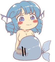 1girls alpha_channel artist_request bar_censor blue_eyes blue_hair blush blush_stickers breasts censor_bar censored censored_genitalia censored_pussy chibi chibi_only chibi_style cleavage collarbone dot_nose drill_hair gyate_gyate head_fins large_breasts meme mermaid mermaid_girl mermaid_pussy mermaid_tail pussy short_hair smile solo topless topless_female touhou transparent_background twin_drills vagina wakasagihime