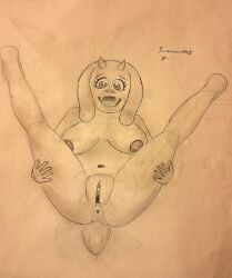 anthro bbw big_pussy bovid caprine fat fupa furry holding_legs mature_female milf presenting pussy pussy_juice terminatormkii toriel traditional_media_(artwork) undertale