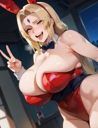 ai_generated bbw blonde_hair brown_eyes bunnysuit dark-skinned_male ejaculation female huge_breasts huge_cock interracial juuicy_ai male naruto penis tsunade