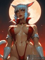 1female 1girls ai_generated barely_clothed belly_button big_breasts big_breasts breasts breasts breasts cat_ears cat_girl cat_tail catgirl eye_contact female female female_focus female_only final_fantasy final_fantasy_xiv from_below looking_at_viewer miqo'te moon moonlight navel necklace red_clothing red_lips red_lipstick red_moon red_sky red_swimsuit shasar shiny_skin solo solo_female solo_focus stable_diffusion string_bikini swimsuit toned toned_female toned_stomach vampirella_(cosplay) viewed_from_below white_hair wristwear y'shtola