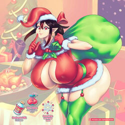 1girls ass_expansion booboom_milk breast_expansion breasts christmas cleavage elf female female_only huge_breasts looking_at_viewer original santa_hat solo supersatanson tera_tyrant_shadic_(character) thicc_shake thick_thighs thighhighs wide_hips