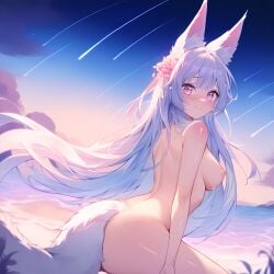 1girls ai_generated animal_ears animal_tail arched_back back back_view beach behind_view blush breasts completely_nude completely_nude_female day detailed_background exposed exposed_breasts female female_focus female_only floating floating_hair flower flower_in_hair flyin fox_ears fox_girl fox_tail from_behind from_side fully_nude grey_hair hair_flower hair_ornament hair_over_shoulder hi_res highres izacru0 kneeling long_hair looking_at_viewer looking_back medium_breasts messy messy_hair naked naked_female night_sky nude nude_female on_floor on_knees original original_character outdoor_nudity outdoors pink_eyes portrait public public_exposure public_nudity raised_eyebrows sea seaside shiny shiny_skin shooting_star side_view sideboob silver_hair sky smile smiling smiling_at_viewer solo solo_female star sunset tail thighs very_high_resolution very_long_hair white_hair wind