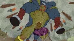 bara bara_tiddies bara_tits big_balls big_pecs big_penis boner brushing_penis diocturn erection furry ganondorf ganondorf_(tears_of_the_kingdom) gold_jewelry grabbing_hair green_skin horse_penis horsecock leaking_precum lynel male male_only masculine muscles muscular muscular_male nude piercing red_hair ripped_clothing ripped_pants stallion tattoo tattoo_on_arm tattoo_on_chest taur