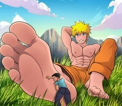 2022 2boys abs arm_behind_head black_hair blonde_hair blue_eyes blush feet foot_fetish greta7777 macrophilia male_feet male_foot_fetish male_only naruto nipples outside shirtless shirtless_male uzumaki_naruto