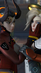 2girls 3d big_breasts black_eyes black_hair blizzard_entertainment blonde blonde_female blonde_hair blue_eyes breasts devil_mercy female female_only looking_at_viewer mercy nipples overwatch tagme topless yellow_hair