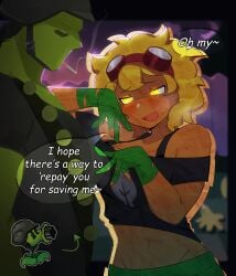 1boy 1girls alternate_version_at_paywall bedroom_eyes blonde_hair blush bra bra_strap cigarette clothed crop_top english_text gatling_pea_(pvz) gloves glowing_eyes goggles goggles_on_head green_skin half-closed_eyes inviting inviting_to_sex meow_boop midriff navel off_shoulder open_mouth peashooter_(pvz) plant plant_girl plant_humanoid plants_vs_zombies plants_vs_zombies:_heroes sexually_suggestive short_hair shorts solar_flare_(peargor) solar_flare_(pvz) suggestive sunflower_(pvz) tan_skin unbuttoned_shorts yellow_eyes yellow_hair