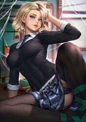 1girls artist_name ass ass_visible_through_thighs athletic black_socks blonde_hair blue_eyes busty eyebrow_piercing female female_only garter_belt gwen_stacy gwen_stacy_(spider-verse) hourglass_figure light-skinned_female light_skin marvel marvel_comics neoartcore pale-skinned_female pale_skin pinup pose posing school_uniform schoolgirl short_hair sitting skirt sleeves_rolled_up socks solo spider-gwen spider-man:_into_the_spider-verse spider-man_(series) stockings teenage_girl teenager thick_thighs thigh_socks thighhighs tie tooth_gap upskirt watermark wide_hips