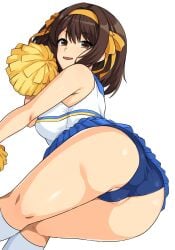 2d bent_over cheerleader_uniform haruhisky medium_breasts panties presenting suzumiya_haruhi suzumiya_haruhi_no_yuuutsu tagme white_background