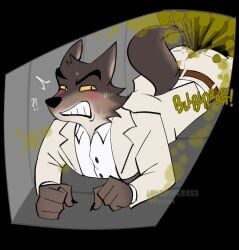 accident accidental_fart air_vent anthro ass belt blush brown_fur canid dreamworks dress_shirt fart fart_cloud furgonomic_bottomwear furgonomics furry gas looking_back lordsofgross_(artist) mr._wolf_(the_bad_guys) pants suit surprised surprised_expression sweat sweatdrop the_bad_guys yellow_eyes