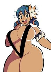 ass big_breasts blue_eyes blue_hair breasts covered_nipples dark-skinned_female dark_skin embarrassed flower flower_in_hair gerard_burn happy huge_breasts indivisible leilani naughty_face seductive seductive_smile sling_bikini smile swimsuit thick_thighs