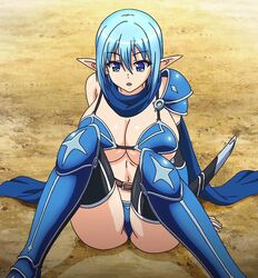 anime_screencap aqua_hair bikini_armor bikini_top blue_eyes blue_hair boots cleavage conscious elf elf_ears elf_female elf_girl eyes_open female_elf huge_breasts on_floor outdoor ova pointy_ears screencap screenshot short_hair sitting stitched surprised sword tensei_kendo_no_harem_colosseum warrior