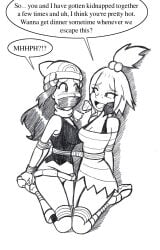 2girls black_and_white blush bondage bound dawn_(pokemon) english_text female female_only human monochrome multiple_girls panties pokemon pokemon_dppt raya100 rope roxie_(pokemon) sketch text tied_up yuri