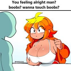 1boy 1boy1girl 1girl big_ass big_breasts blonde_hair boobs?_wanna_touch_boobs? dialogue female female_focus freckles humanoid large_breasts mango_quaver_(female) orange_hair quavernsfw tan_body tan_skin tan_skinned_female thick_thighs