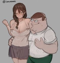 1boy braid breasts brown_hair brown_skirt camisole cleavage cleft_chin double_chin family_guy fat fat_man female glasses green_pants grey_background hanekawa_tsubasa highres kowai_(iamkowai) large_breasts pants peter_griffin round_eyewear shirt simple_background skirt straight sweatdrop white_camisole white_shirt