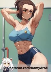 1girls abs ai_generated armpits athletic_female attack_on_titan brown_eyes brown_hair buruma chiseled_abs chiseled_body female female_abs fit_female gabi_braun hair_bun kamyartai muscular muscular_abs muscular_female patreon patreon_username sculpted_abs sexy_armpits shingeki_no_kyojin solo_female thighs tied_hair toned_female