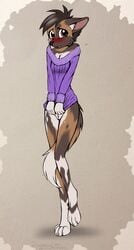 2019 5_fingers african_wild_dog anthro black_nose blush bottomless breasts canid canine cleavage clothed clothing covering covering_self embarrassed female fingers fur furry furry_only hair hi_res jackson mammal mancoin partially_clothed pussy simple_background solo tail tail_between_legs topwear white_body white_fur