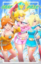 3girls belt blonde_hair blue_dress blue_eyes breasts brown_hair burnt_green_tea crown dress earrings flower_earrings hair_over_one_eye holding_umbrella jacket looking_at_viewer mario_(series) medium_breasts midriff navel nintendo orange_skirt orange_sports_bra pink_shorts pink_sports_bra pink_vest ponytail princess_daisy princess_peach princess_rosalina race_queen scarf shorts skirt sports_bra star_earrings umbrella vest yellow_jacket